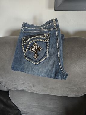 Women's Dark Blue Boot Cut Jeans with Embroidered Cross Pocket